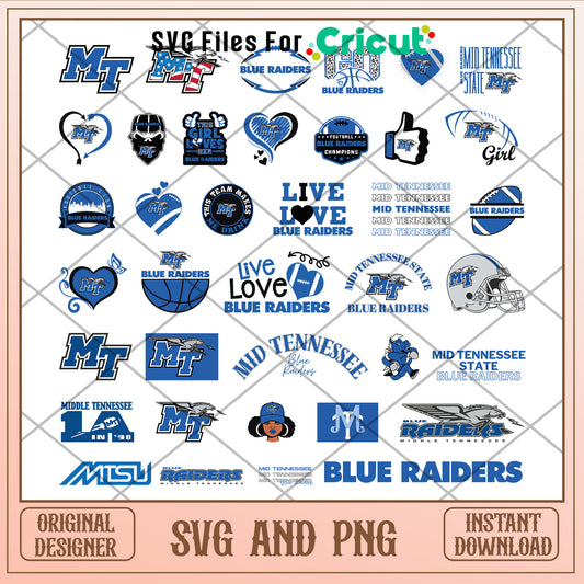Blue raiders logo bundle design svg, middle tennessee blue raiders football​​ svg