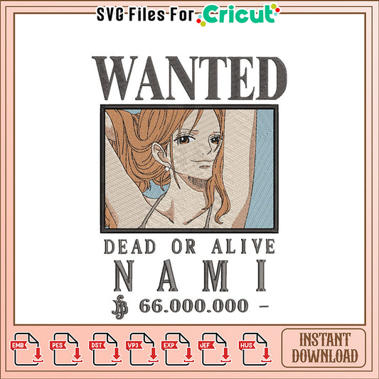 Nami Wanted Embroidery Design Instant Download