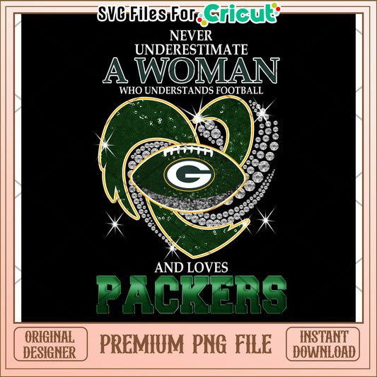 Never Underestimate a Woman Who Loves Football, Packers PNG Design