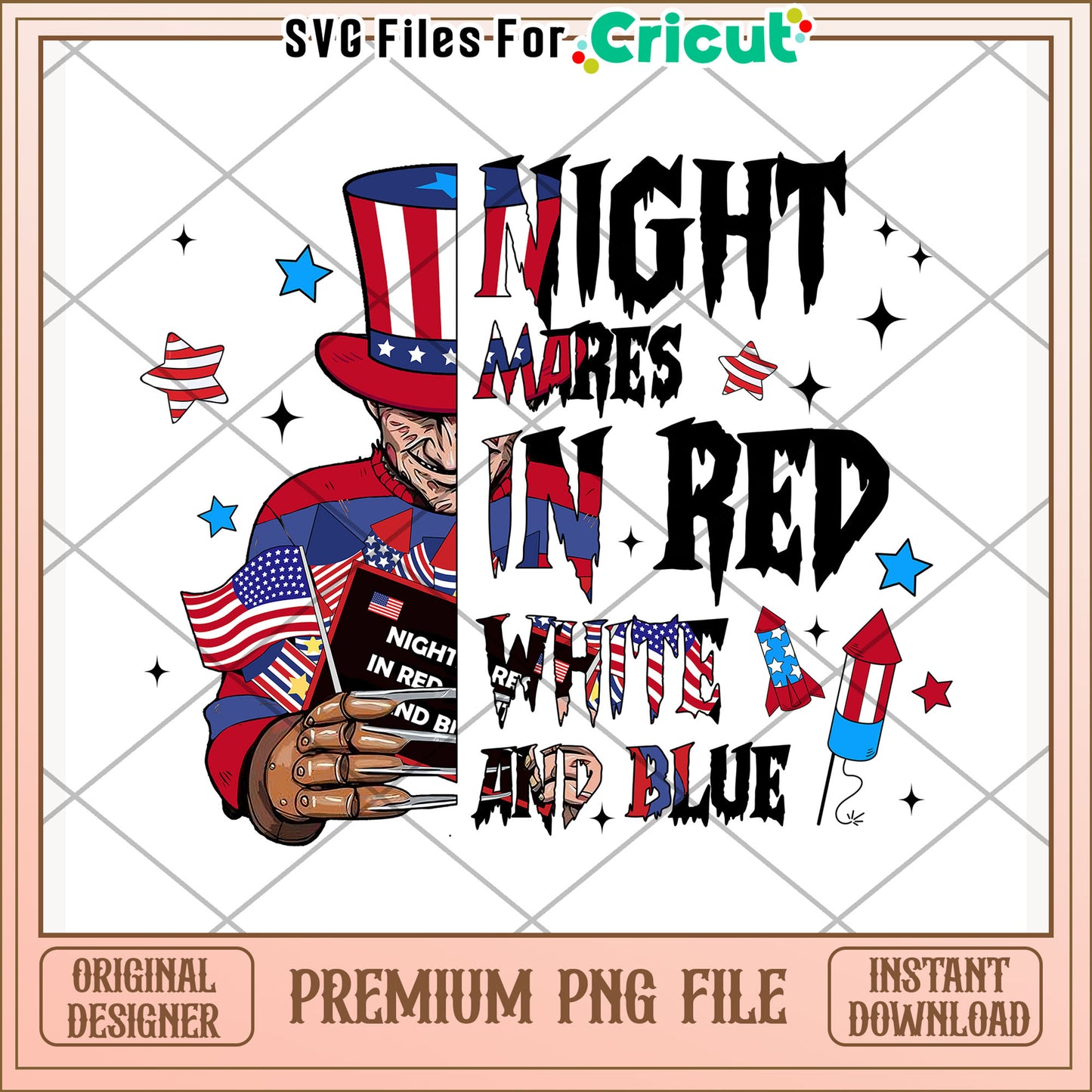 Nightmares in white red and blue character png, independence day png, 4th of july png