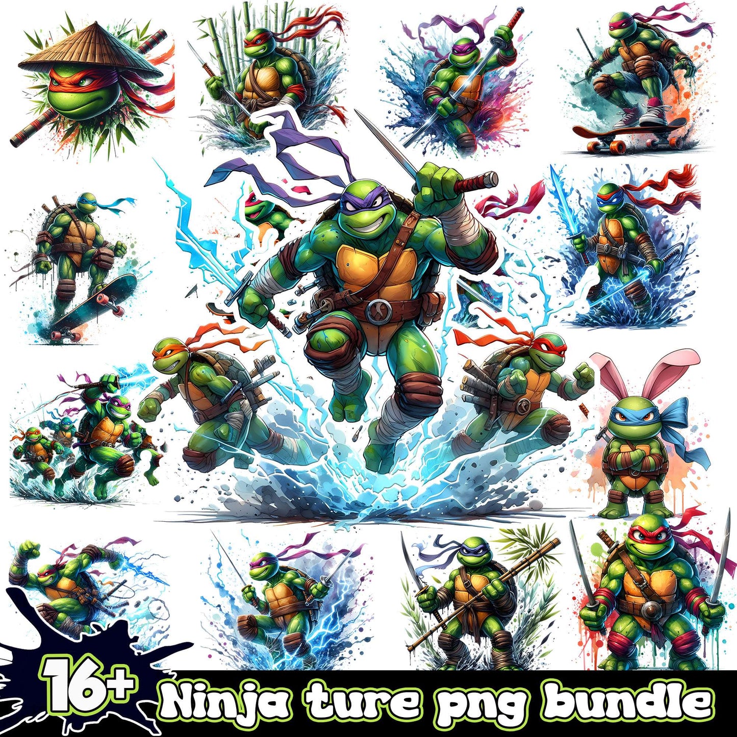 Ninja turtle characters watercolor design bundle png, ninja turtles​ png