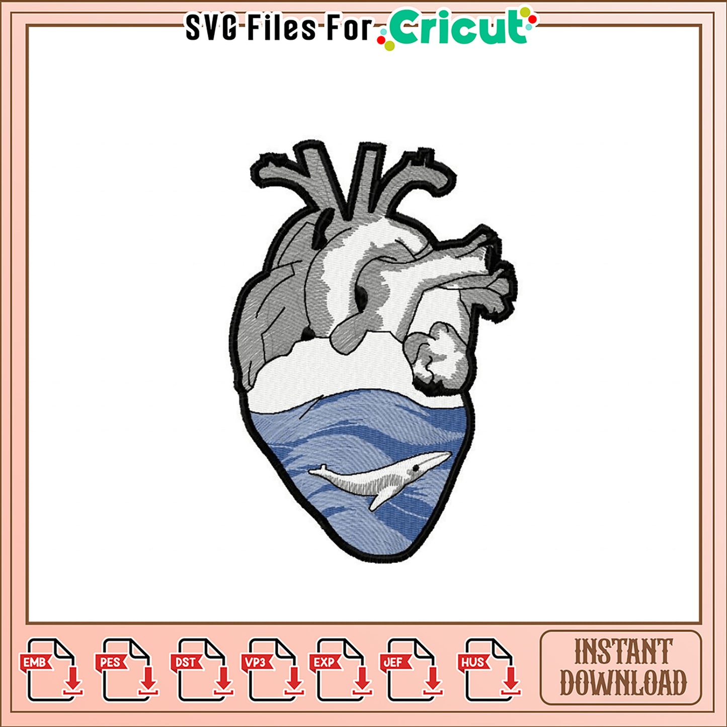 Ocean Heart Embroidery Design Instant Download