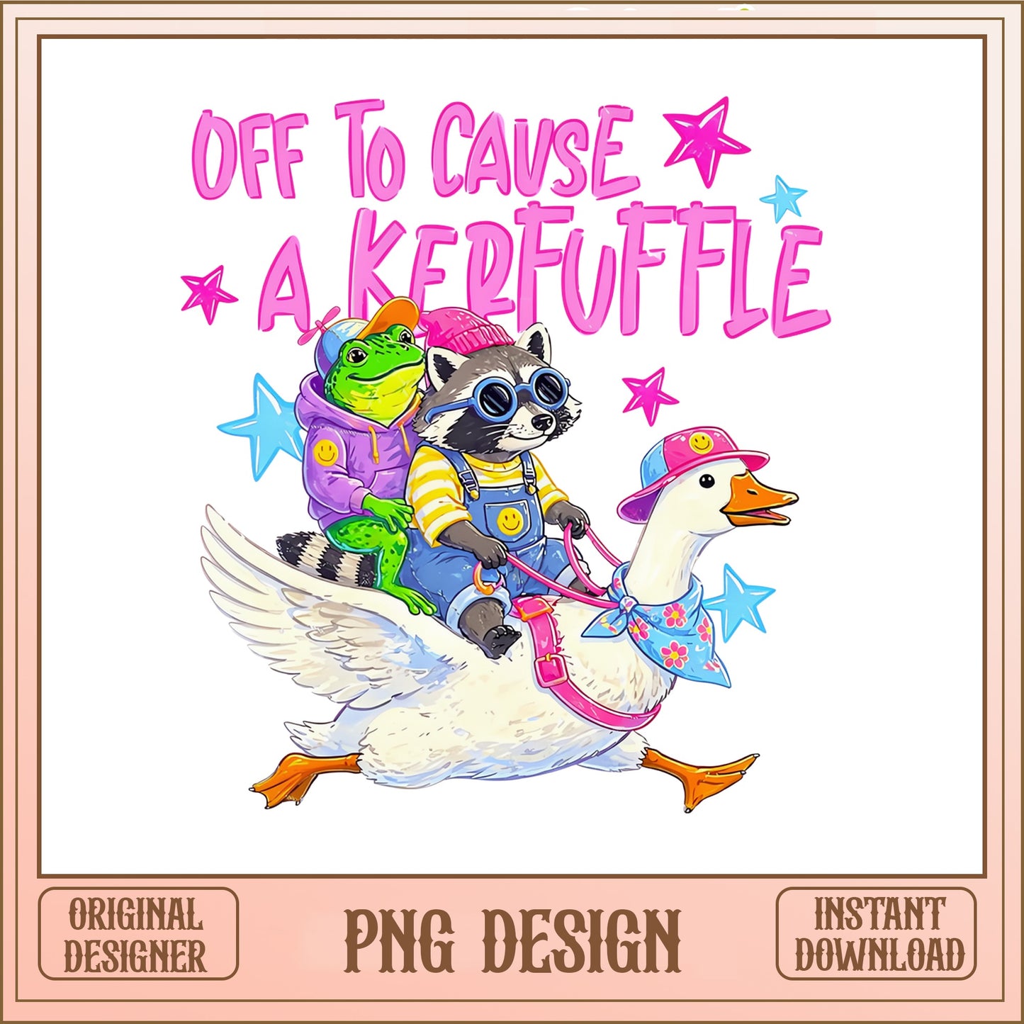 Off To Cause A Kerfuffle PNG, Funny Raccoon Frog Goose, Humor PNG