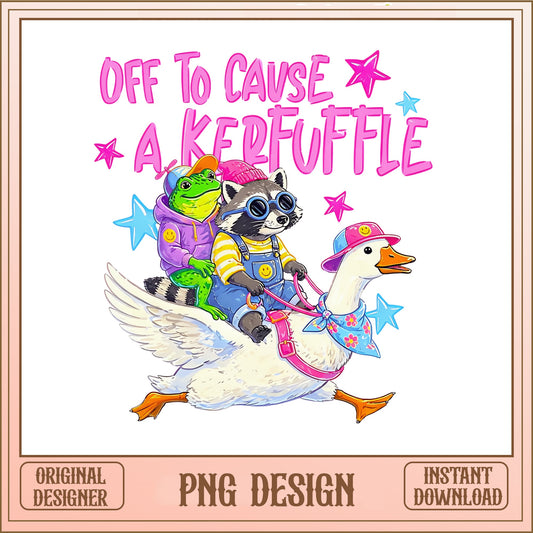 Off To Cause A Kerfuffle PNG, Funny Raccoon Frog Goose, Humor PNG