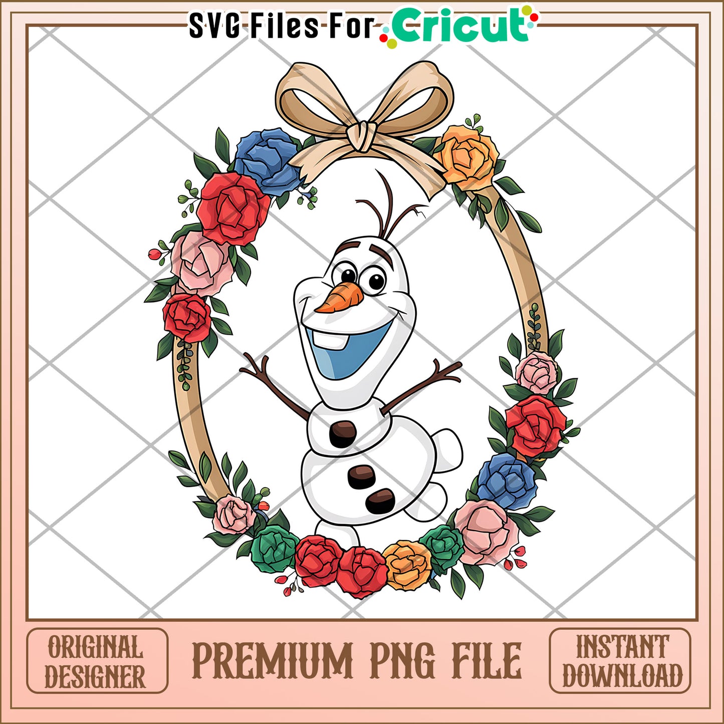 Olaf in Floral Wreath Design for Crafting Projects, Instant PNG Download