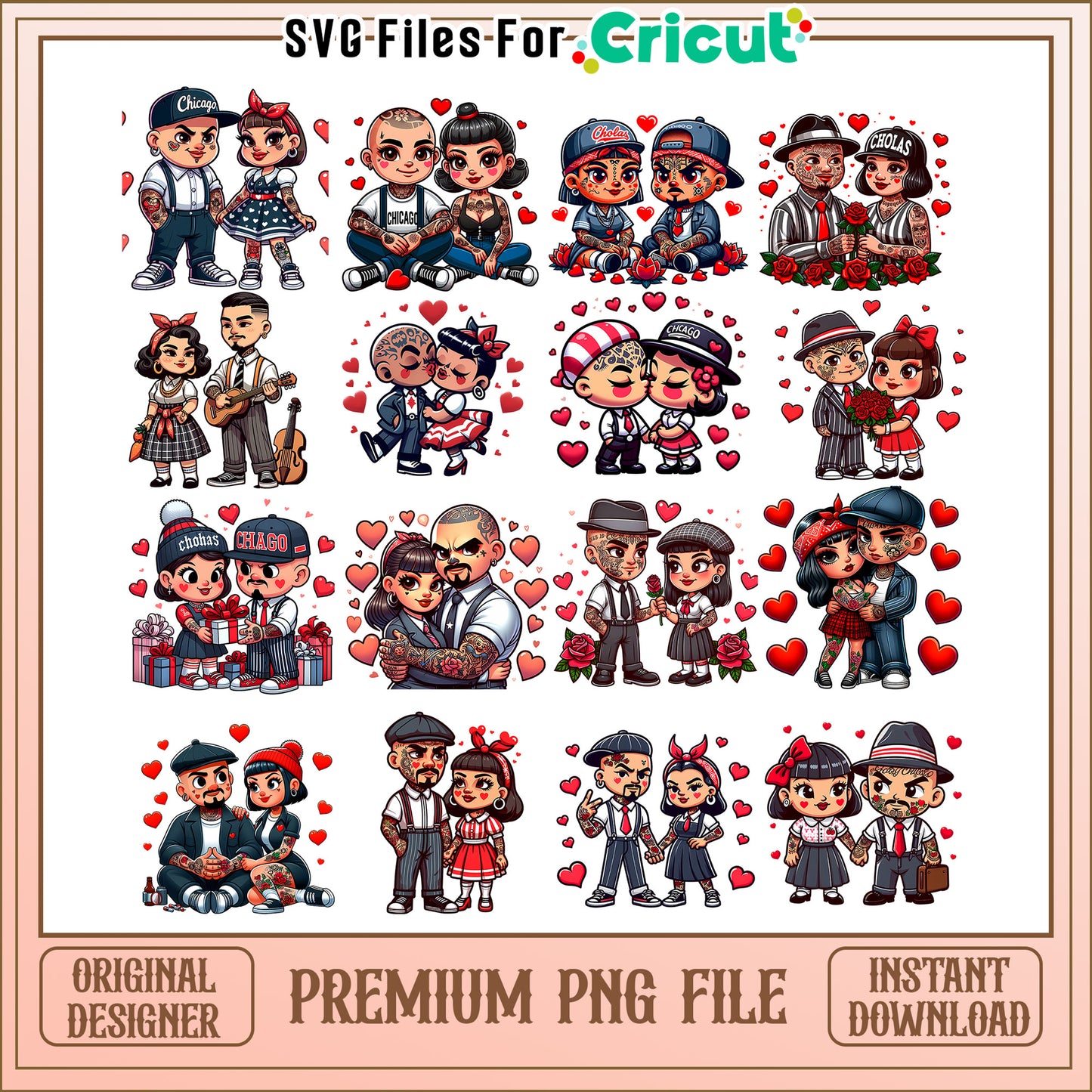 Old school cholas valentine bundle png, happy valentine's day​