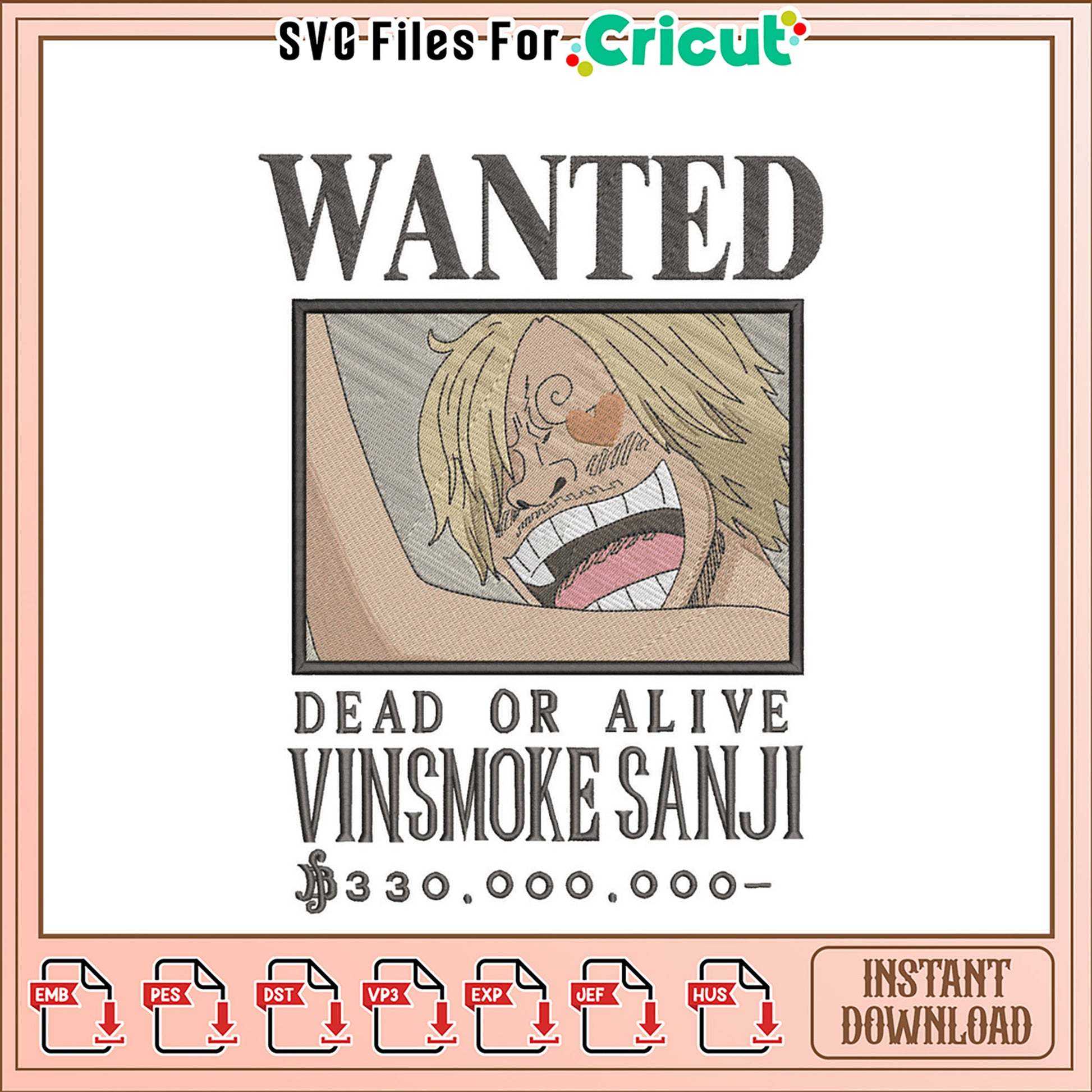 One Piece Sanji Wanted Embroidery Design
