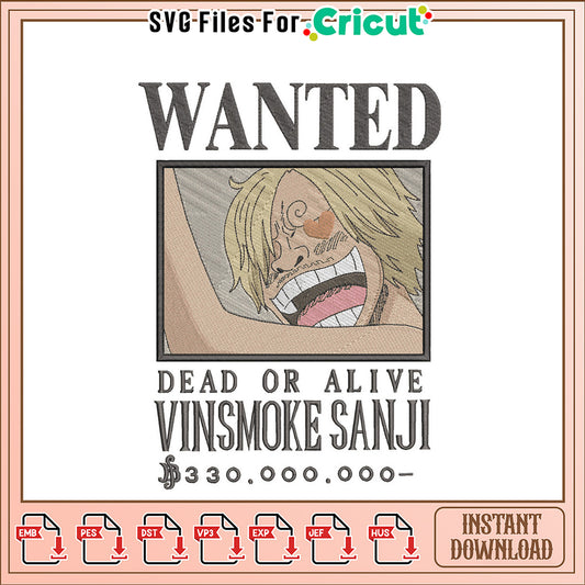 One Piece Sanji Wanted Embroidery Design