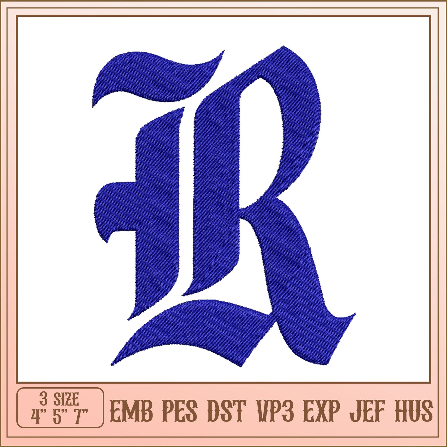 Option 1 (Focus on letter & format)  Embroidery Design Gothic Letter R, EMB, PES, DST