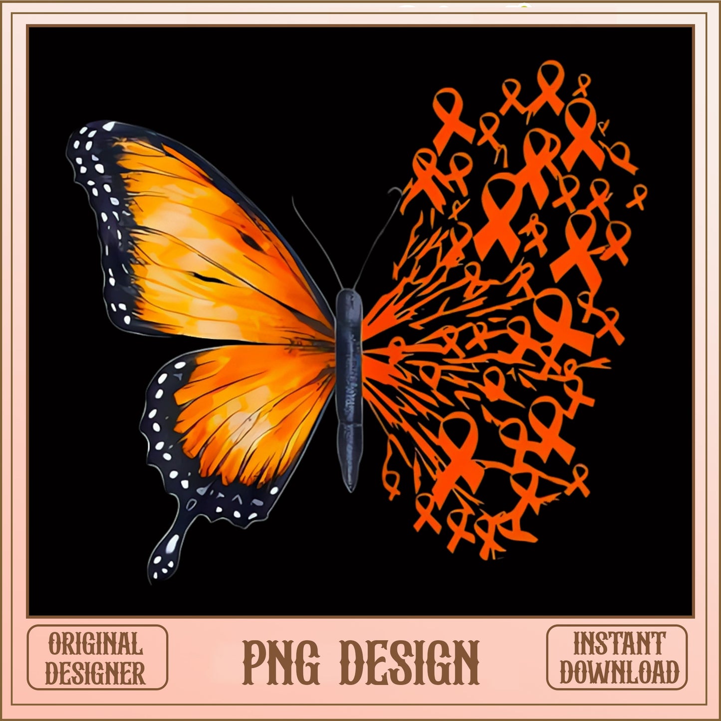 Orange Ribbon Butterfly PNG, Leukemia Awareness PNG, Sublimation PNG