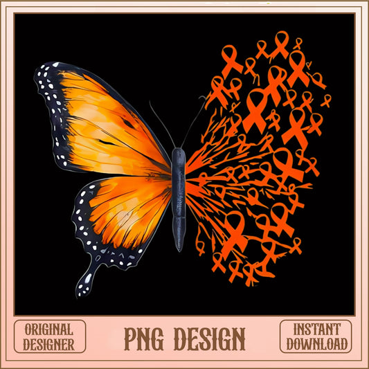 Orange Ribbon Butterfly PNG, Leukemia Awareness PNG, Sublimation PNG