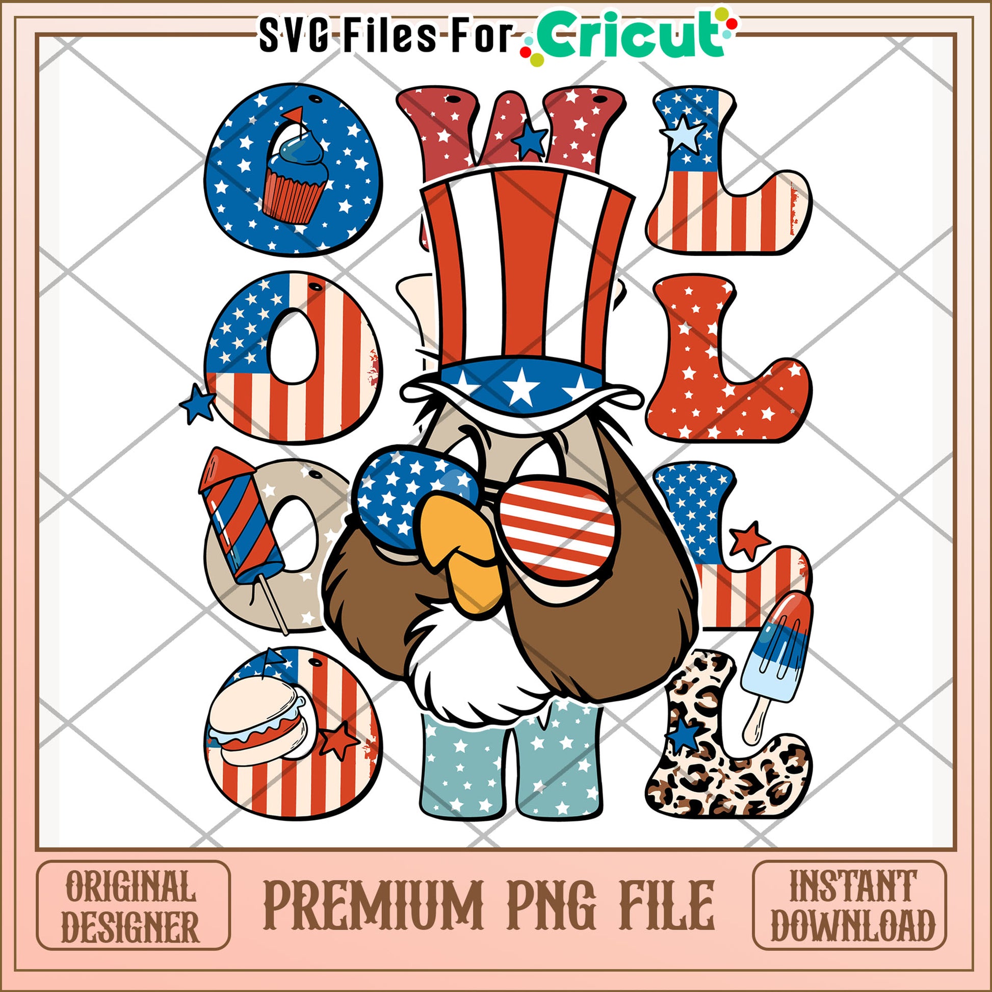Owl american design png, cute cartoon png, red white and blue png