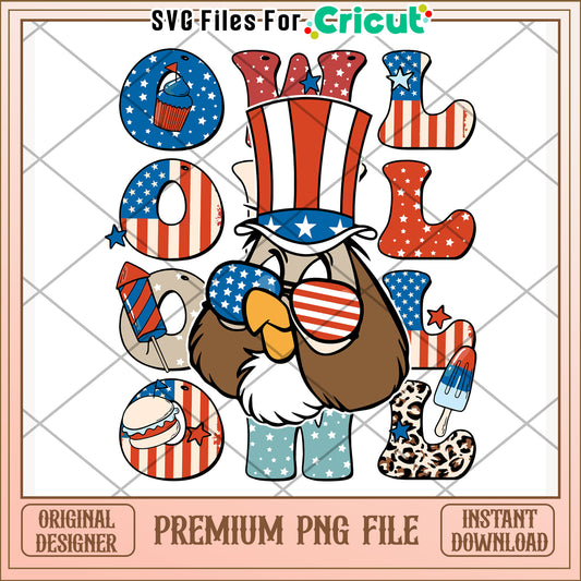 Owl american design png, cute cartoon png, red white and blue png