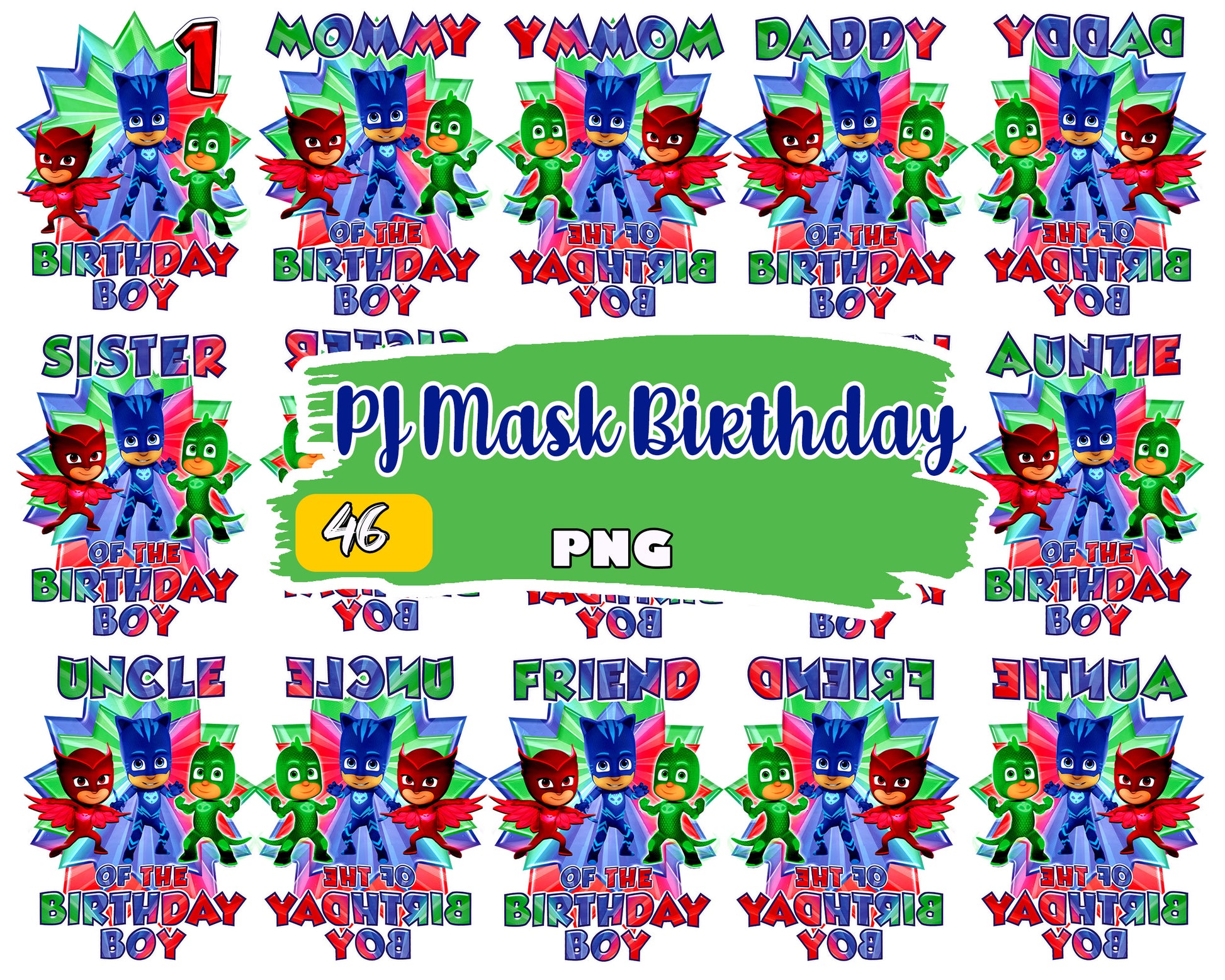 pj masks family of the birthday boy bundle png, pj masks birthday​ png