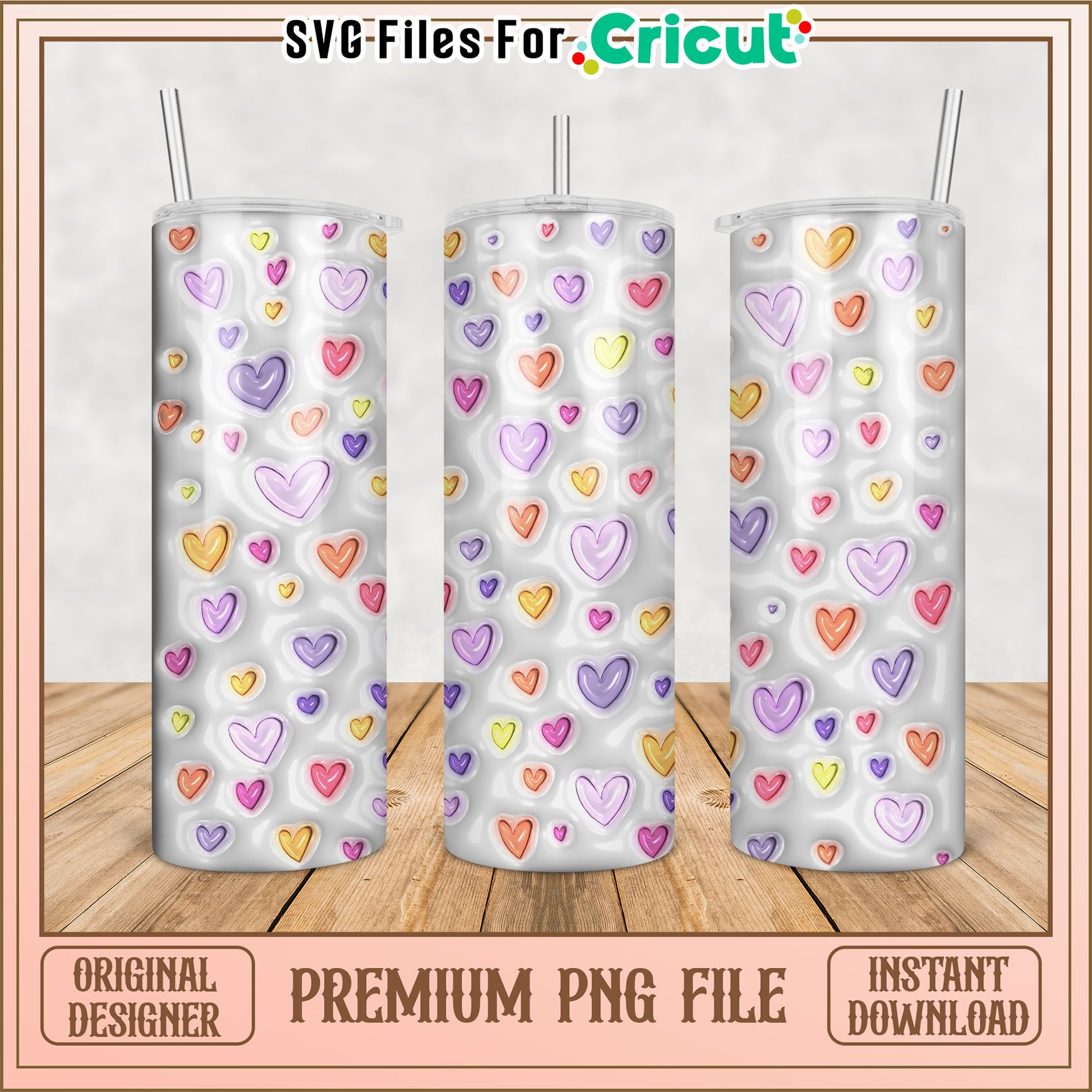 Pastel Hearts Tumbler PNG Design Instant Download