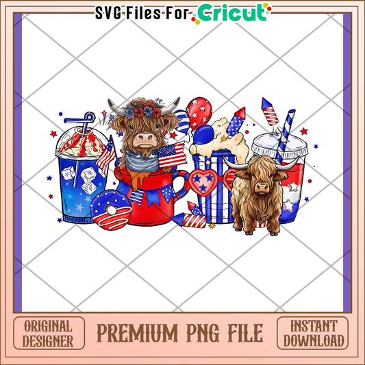 Patriotic Highland Cow PNG Design