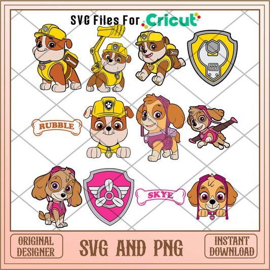 Paw patrol yellow and pink characters svg bundle