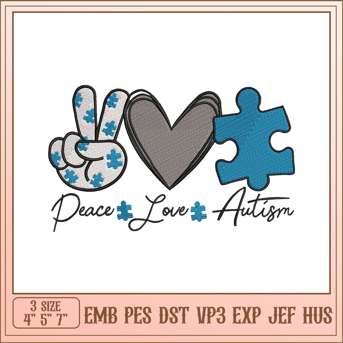 Peace Love Autism Embroidery Design