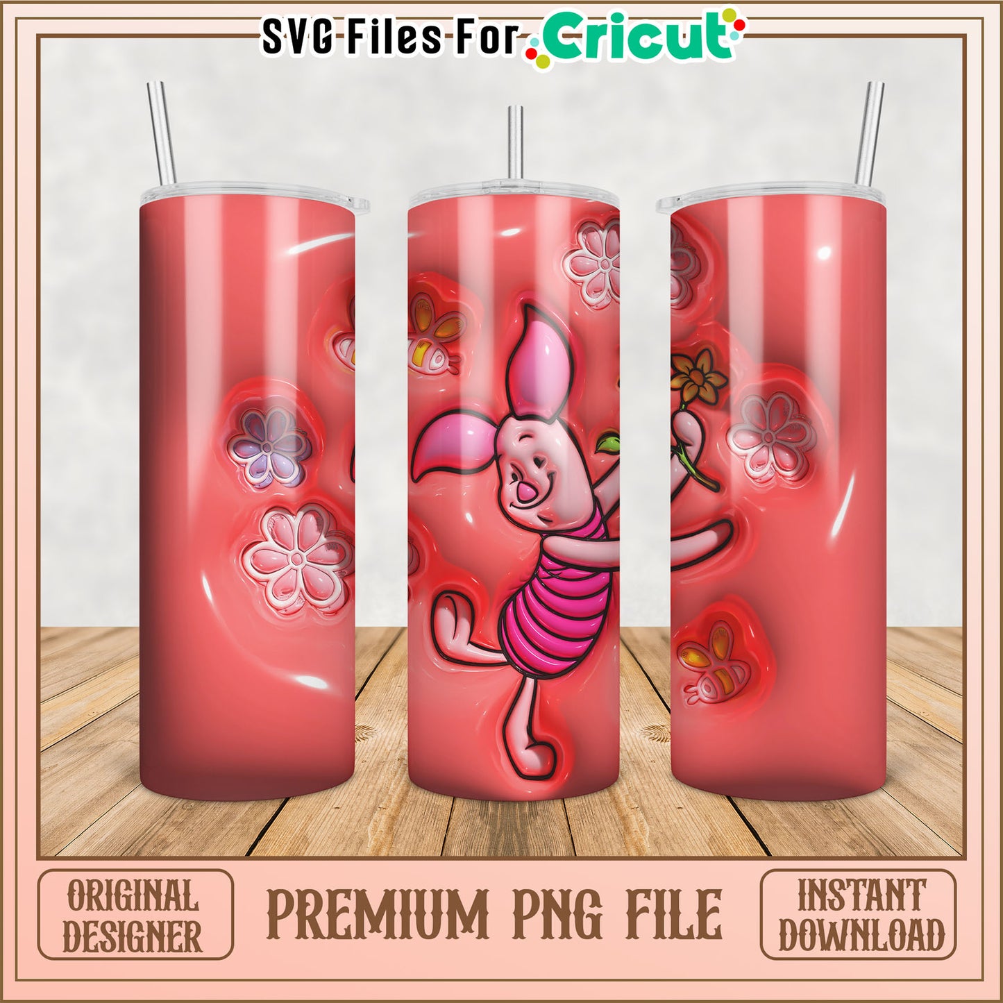 Piglet Floral Tumbler PNG Design