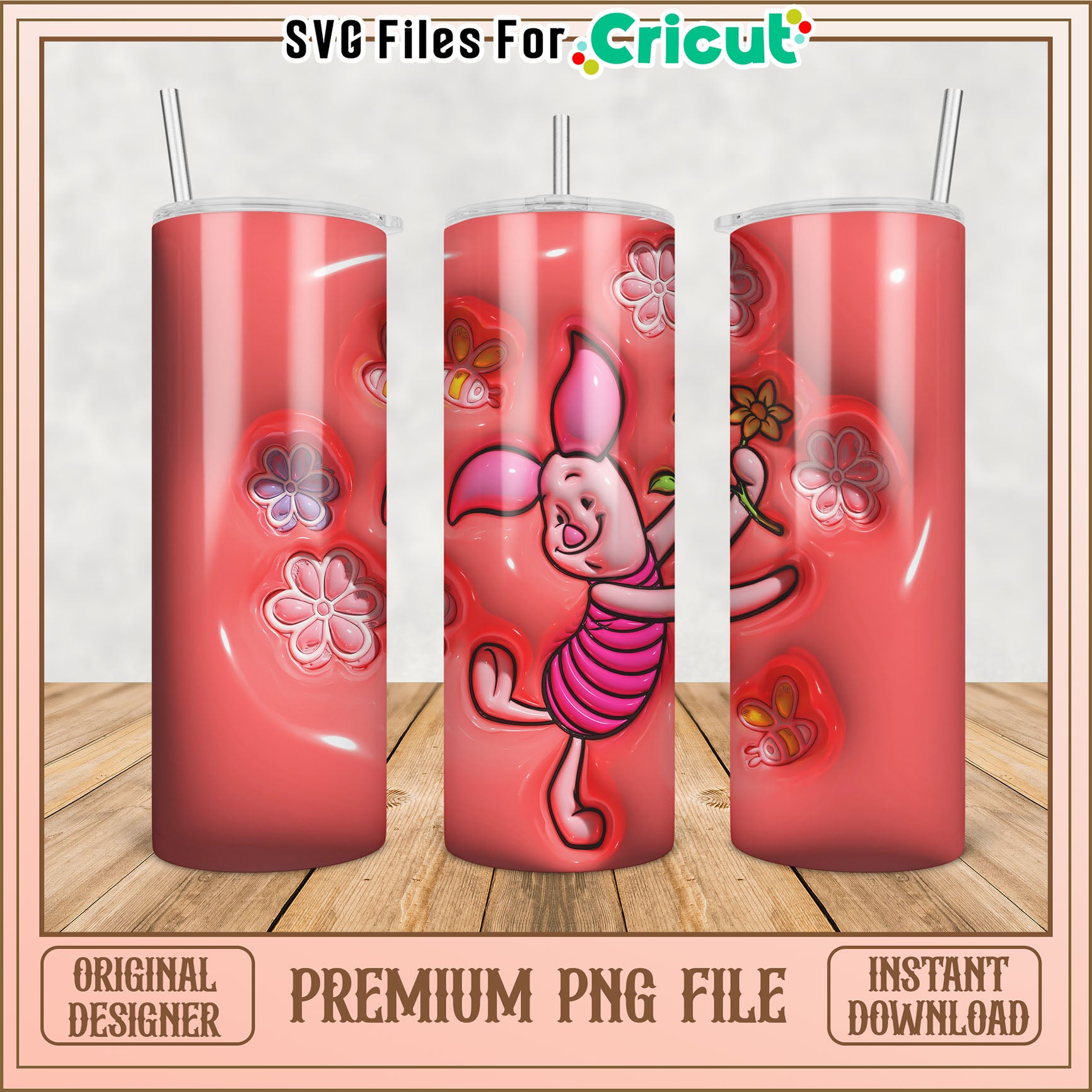 Piglet Floral Tumbler PNG Design