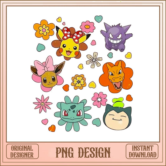 Pikachu Gengar Snorlax Floral PNG, Pokemon Characters PNG, Pokemon Clipart PNG