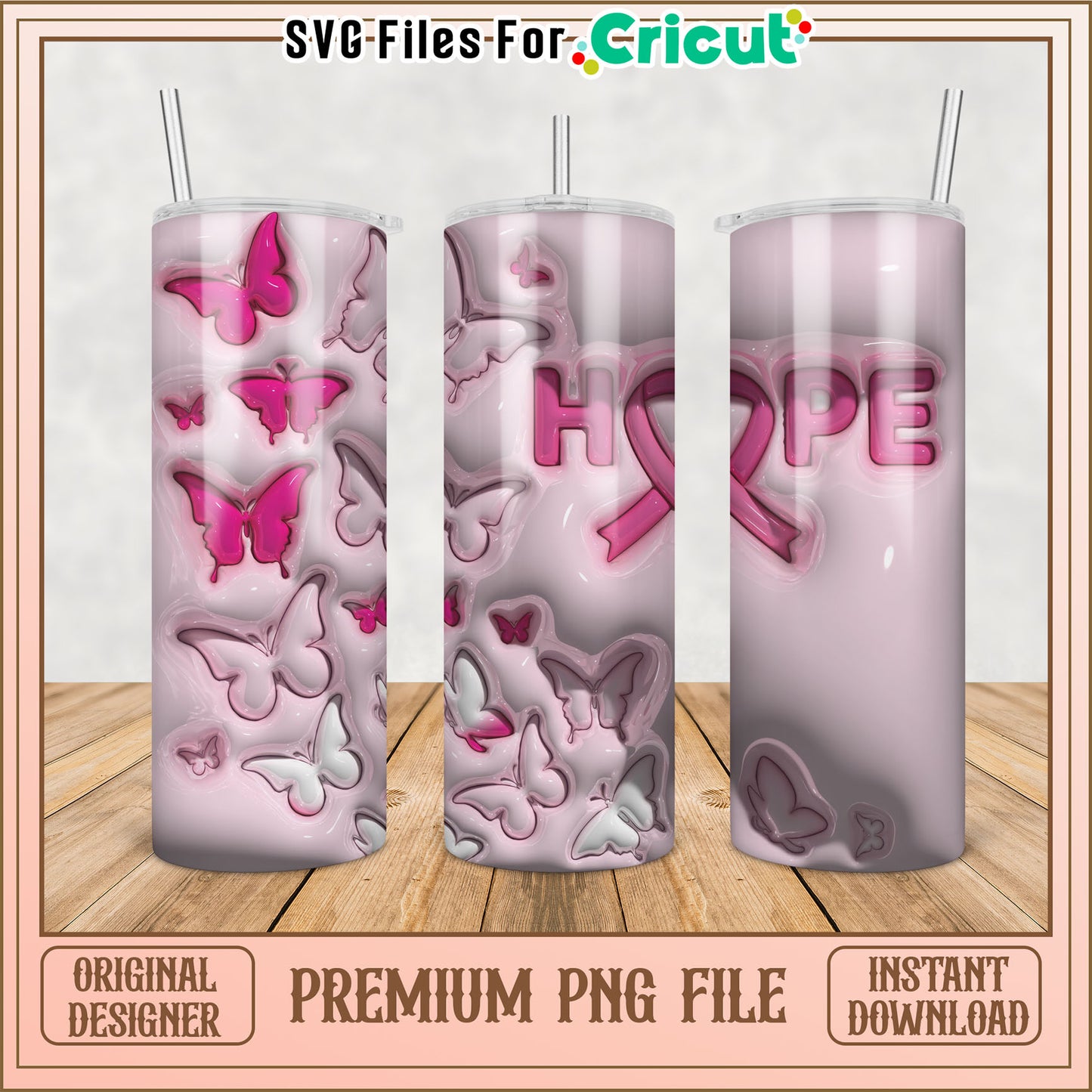 Pink Butterfly Hope Tumbler PNG Design