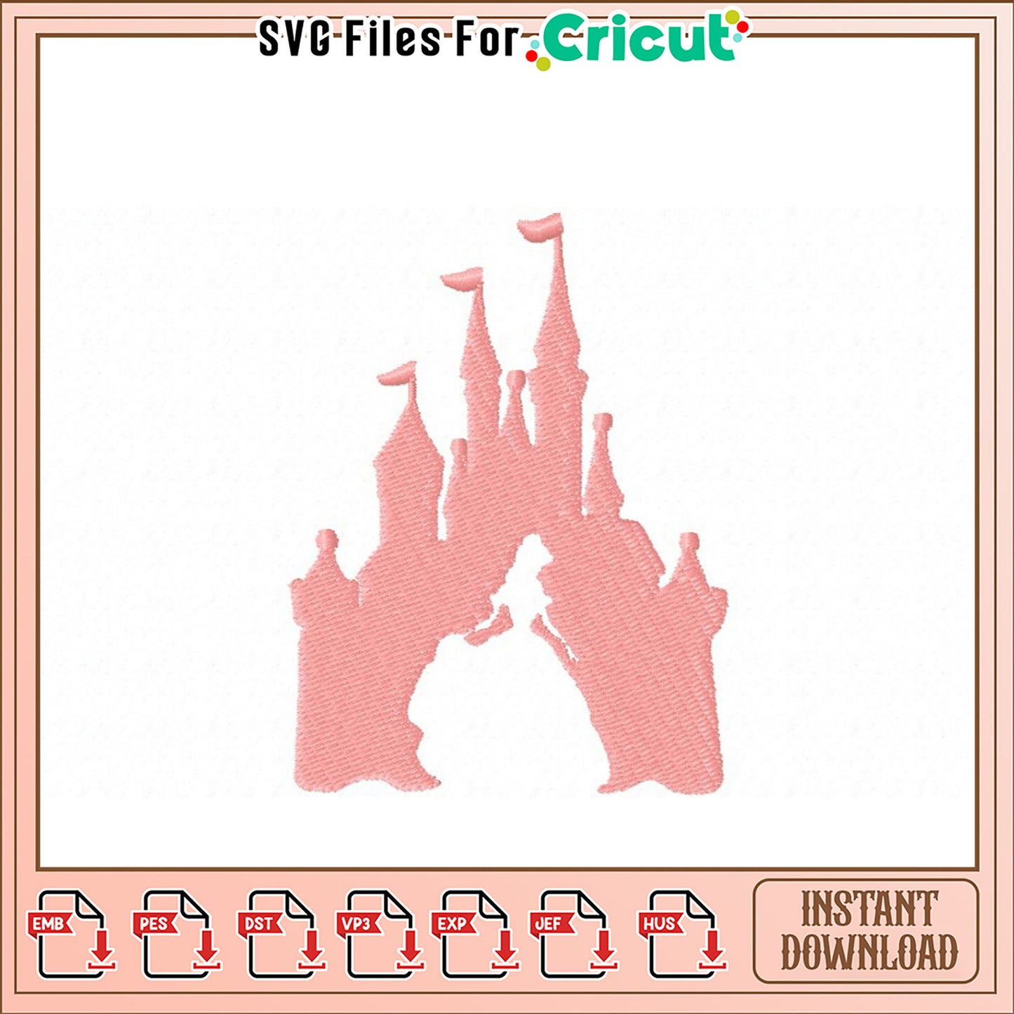 Pink Castle Embroidery Design Instant Download