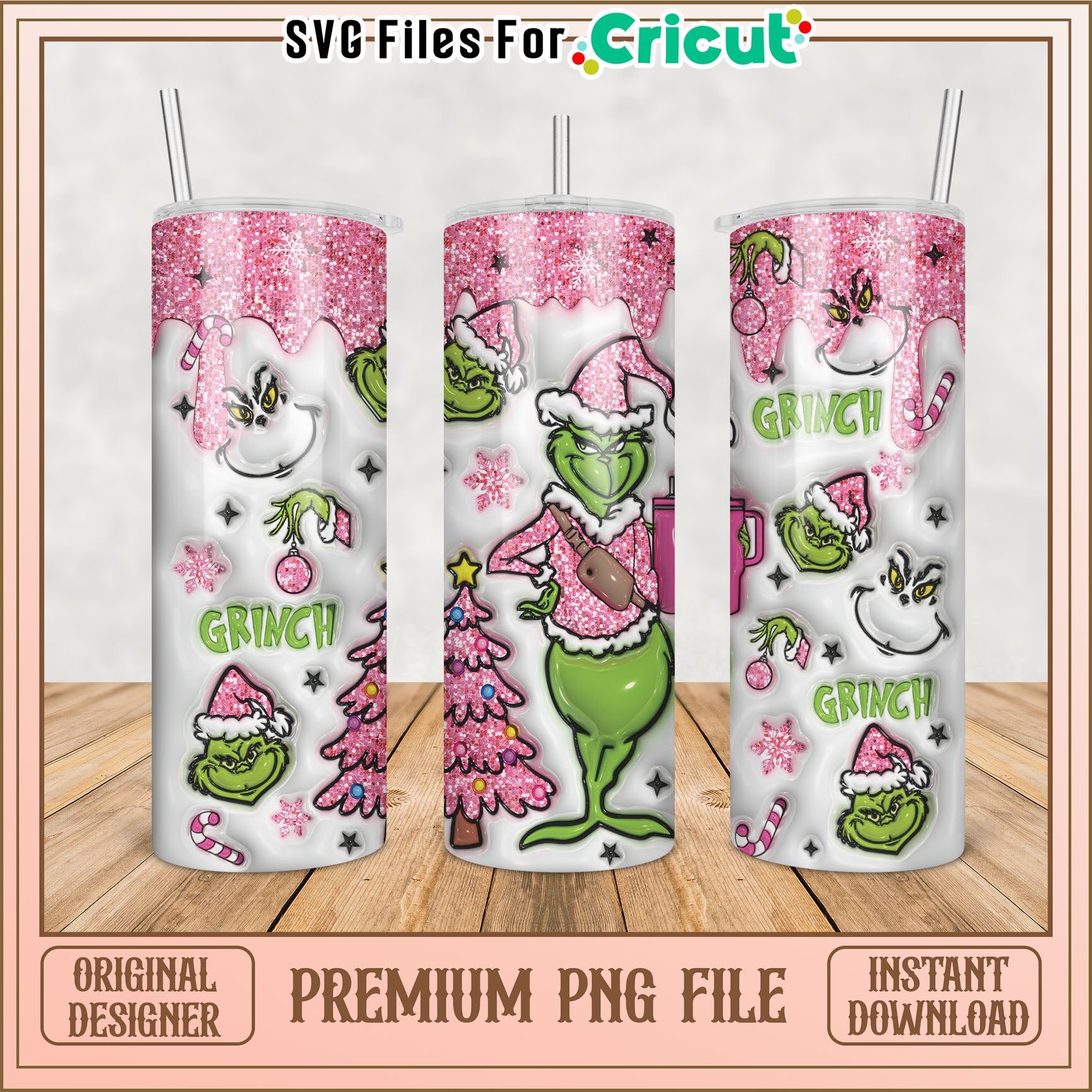 Pink Grinch Glitter Tumbler PNG