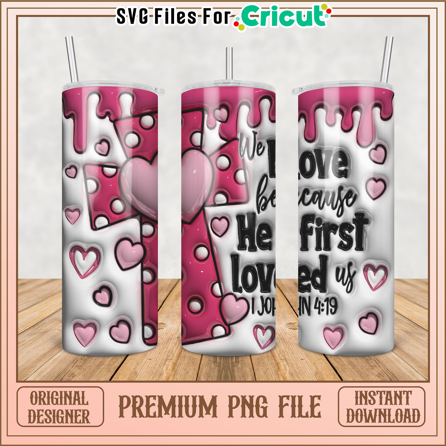 Pink Hearts Cross Tumbler PNG