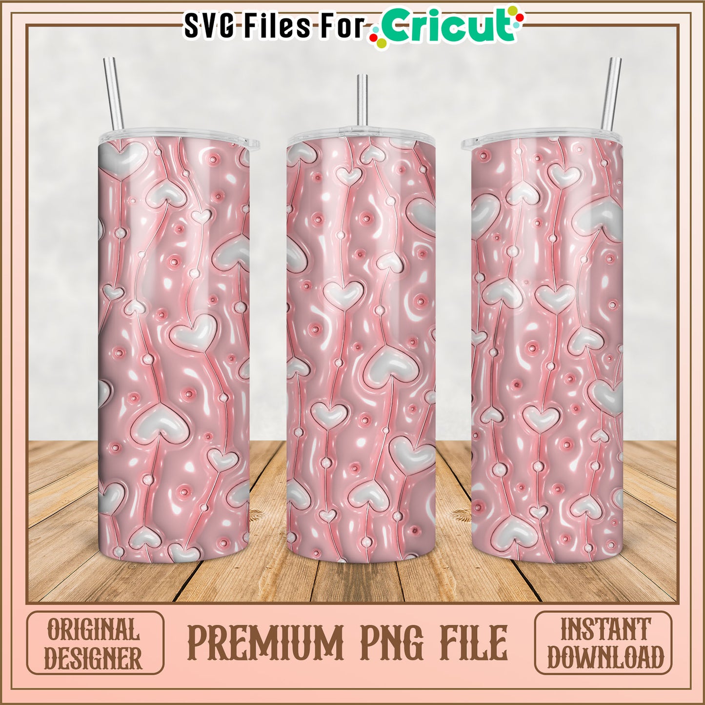 Pink Hearts Tumbler PNG Design Instant Download