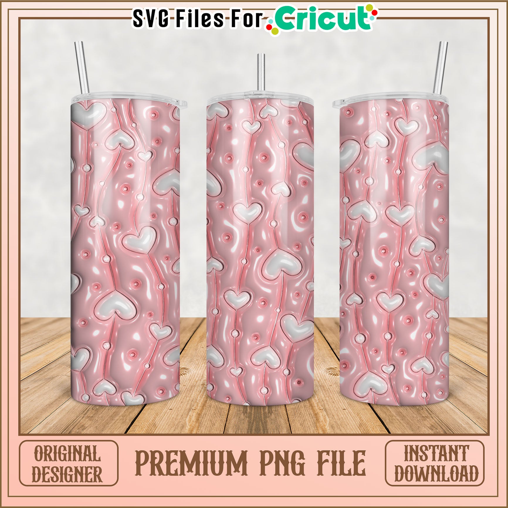 Pink Hearts Tumbler PNG Design Instant Download