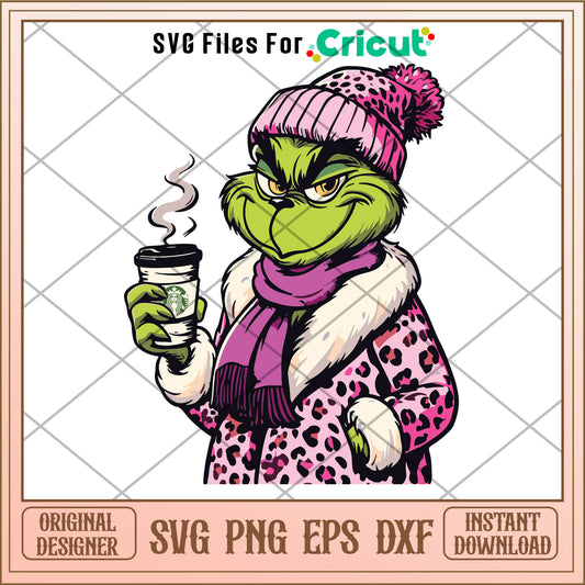 Pink Leopard Grinchy And Bougie SVG, grinch coffee cup​ svg