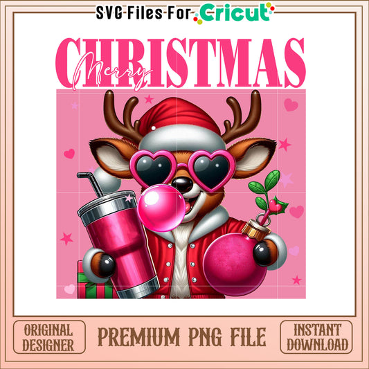 Pink Reindeer Merry Christmas PNG