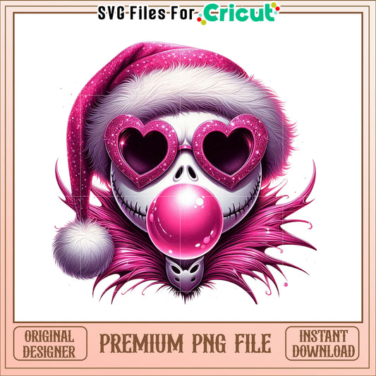 Pink Skull Santa with Heart Sunglasses and Bubble Gum PNG Art