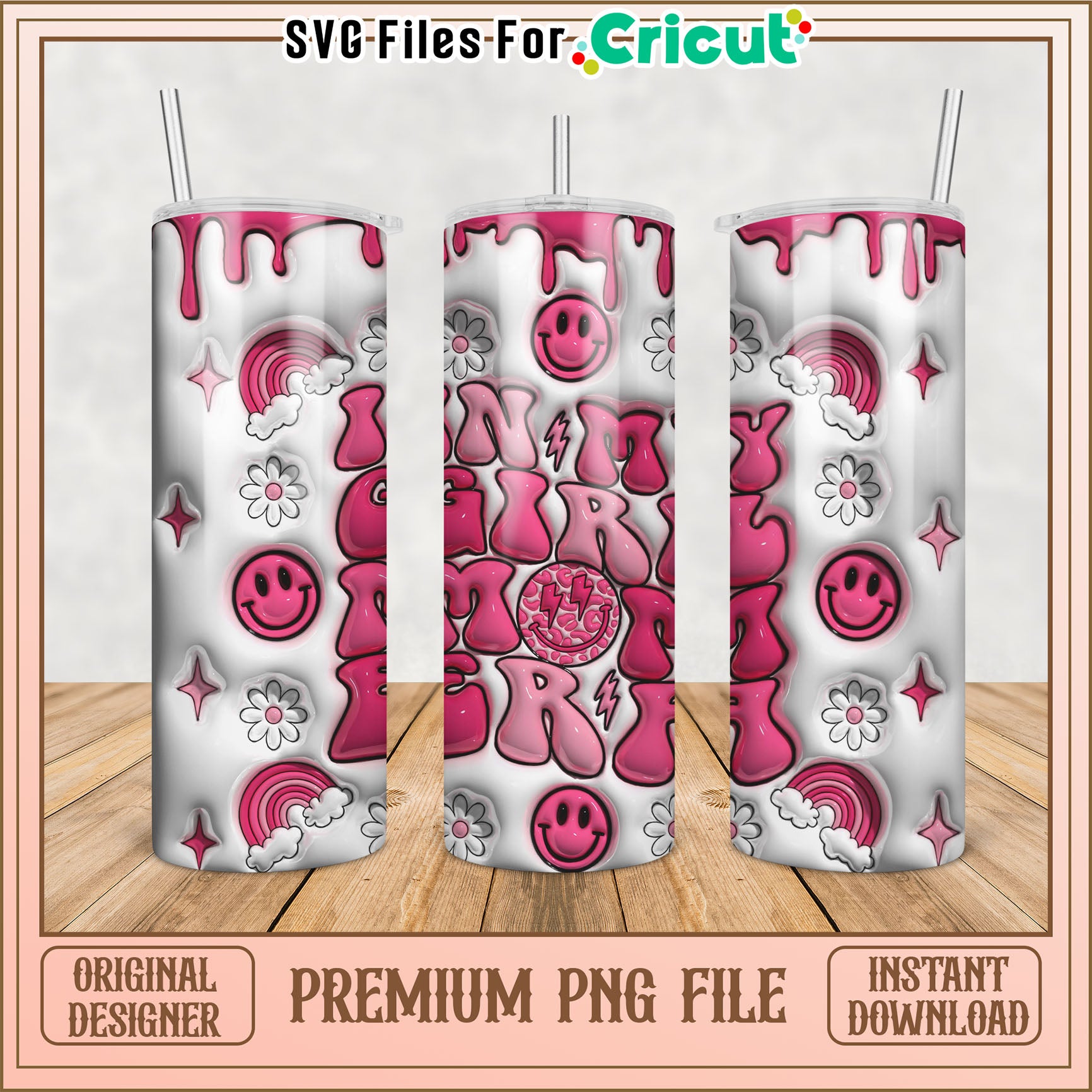 Pink Tumbler PNG Cute Smiley Face Design