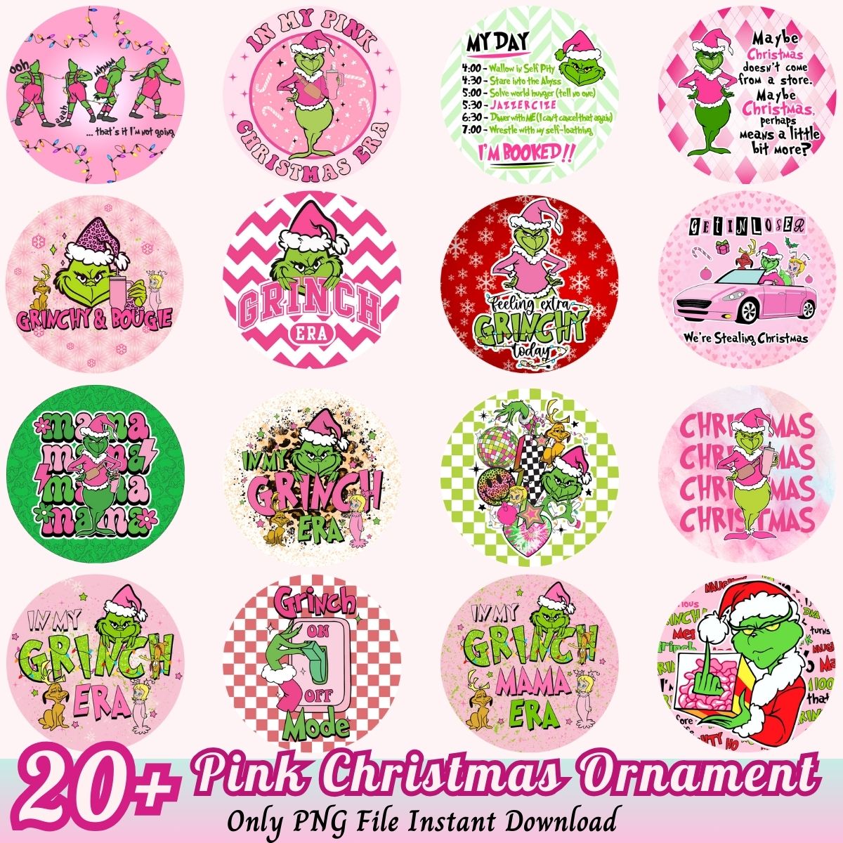 Pink Christmas Ornament PNG bundle, Pink Grinch Christmas png