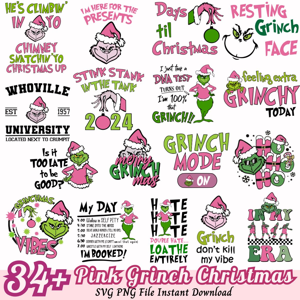 Pink Grinch Christmas Bundle SVG PNG, Christmas Grinch bundle