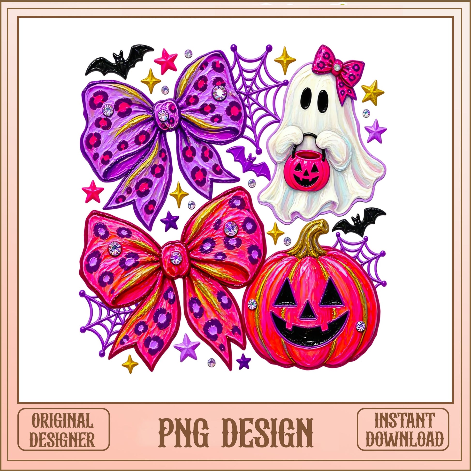 Pink Halloween Ghost Bow PNG, Coquette Pumpkin Bat Design, Halloween PNG