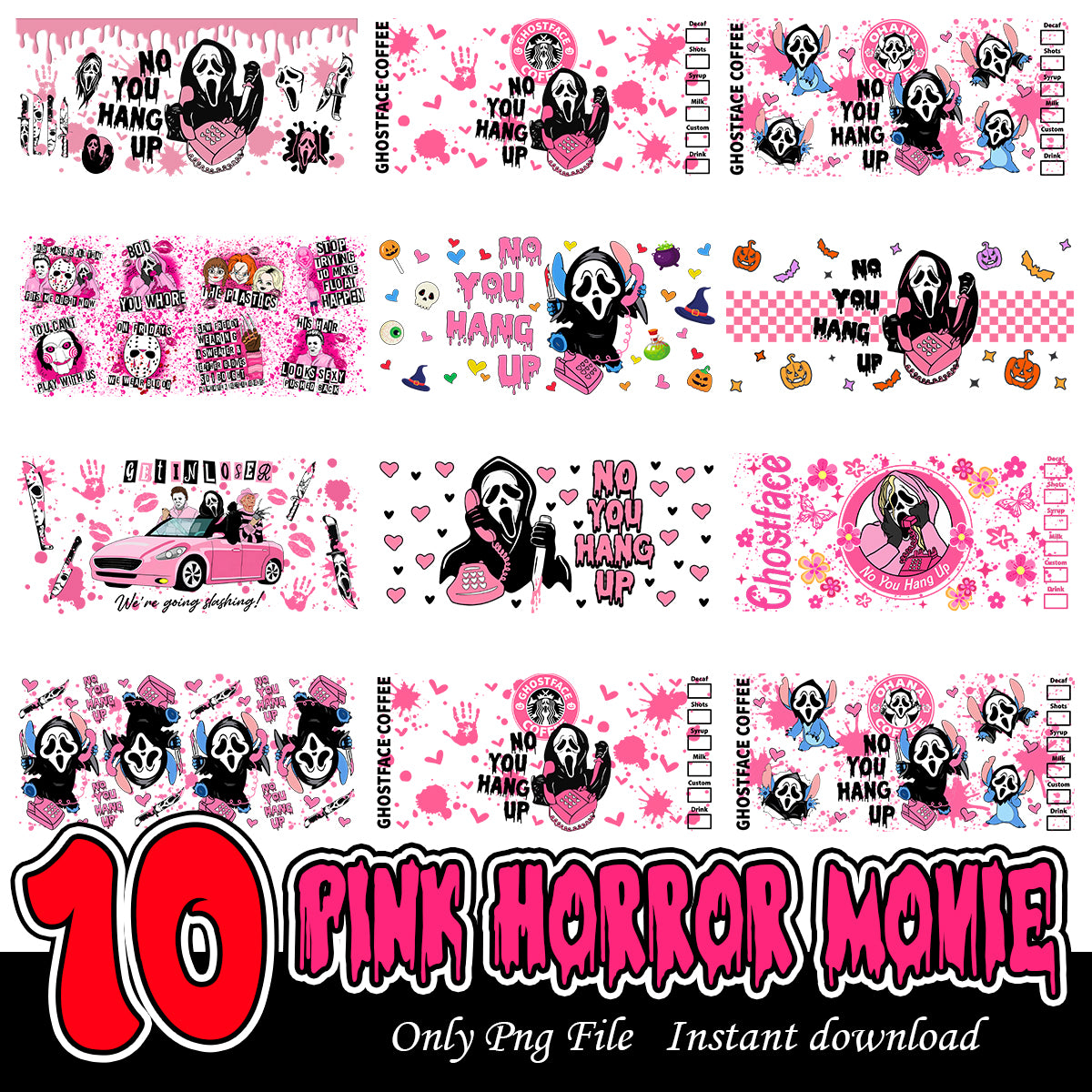 Pink Halloween Movie Coffee 16oz Wrap, Halloween glass can bundle