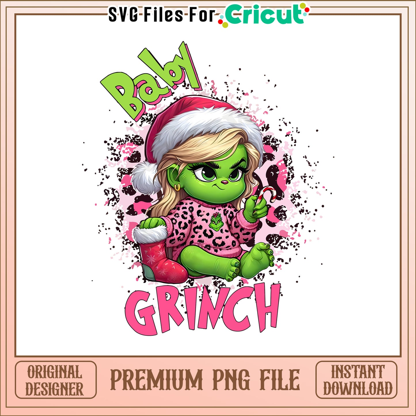 Pink baby Grinch boujee leopard png, the original grinch cartoon​ png