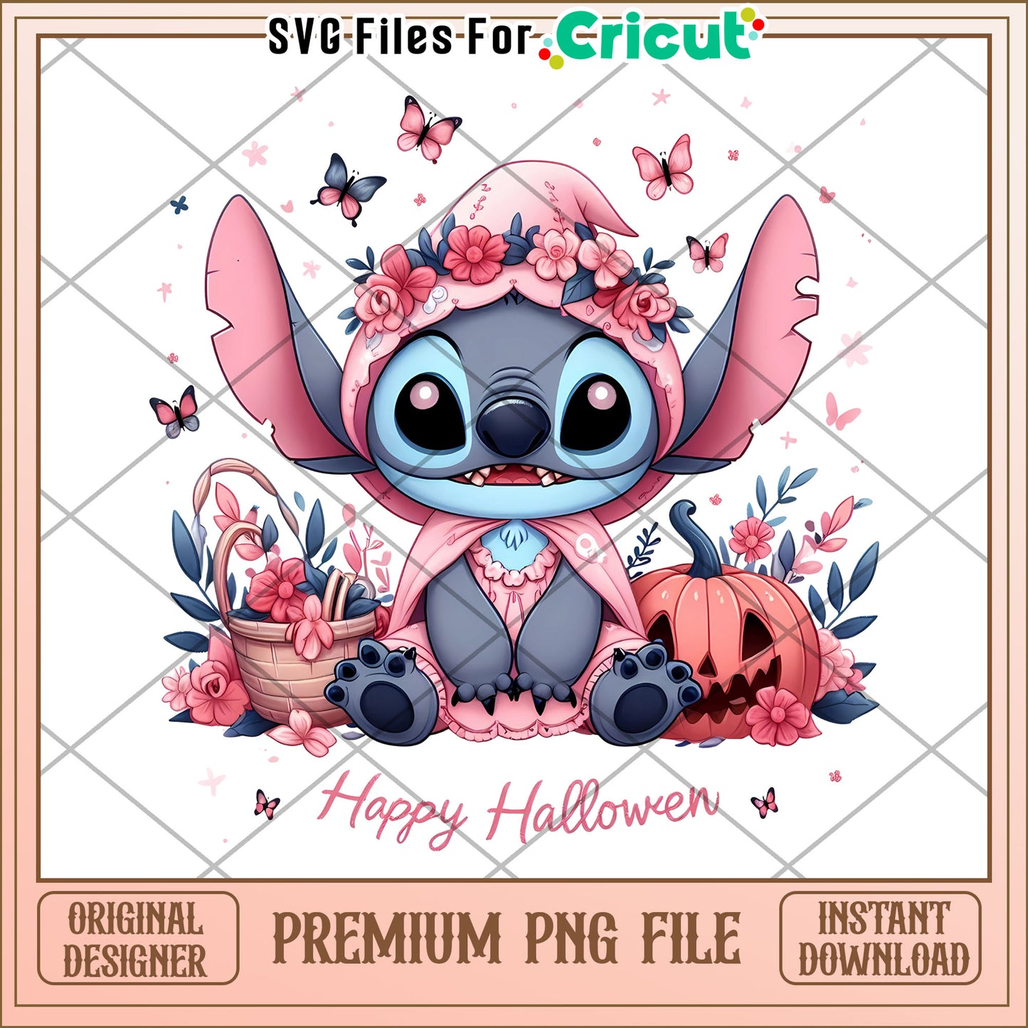 Pink flowers stitch png, spirit halloween png, funny stitch png