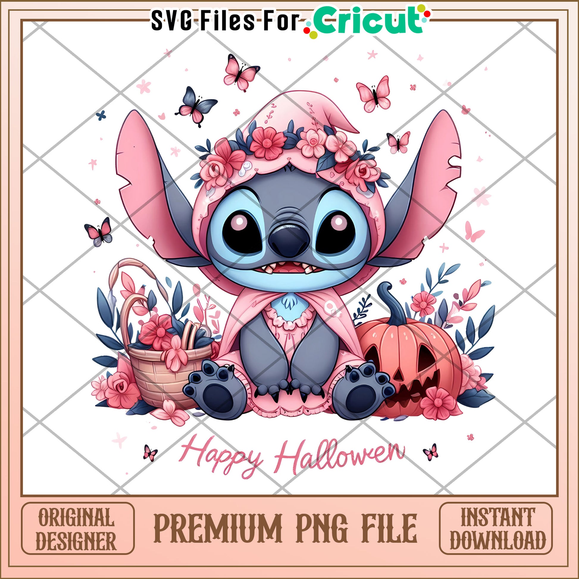 Pink flowers stitch png, spirit halloween png, funny stitch png