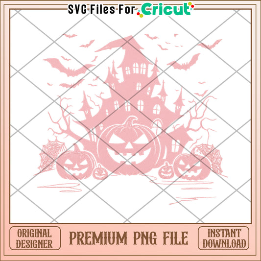 Pink halloween castle png, spooky characters png, halloween candy​ png
