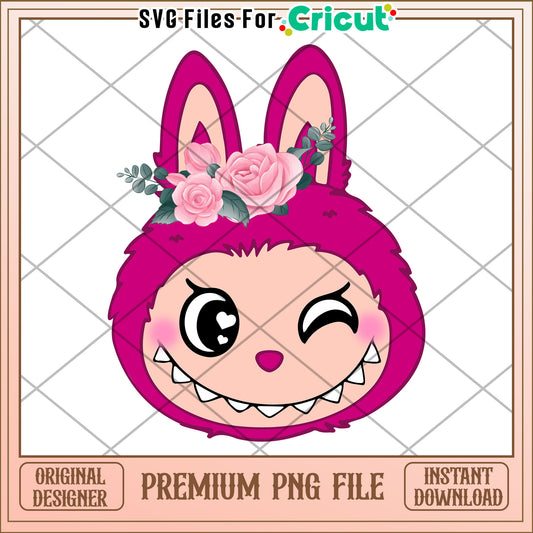 Pink labubu and pink flower png, labubu png, have a seat labubu​ png