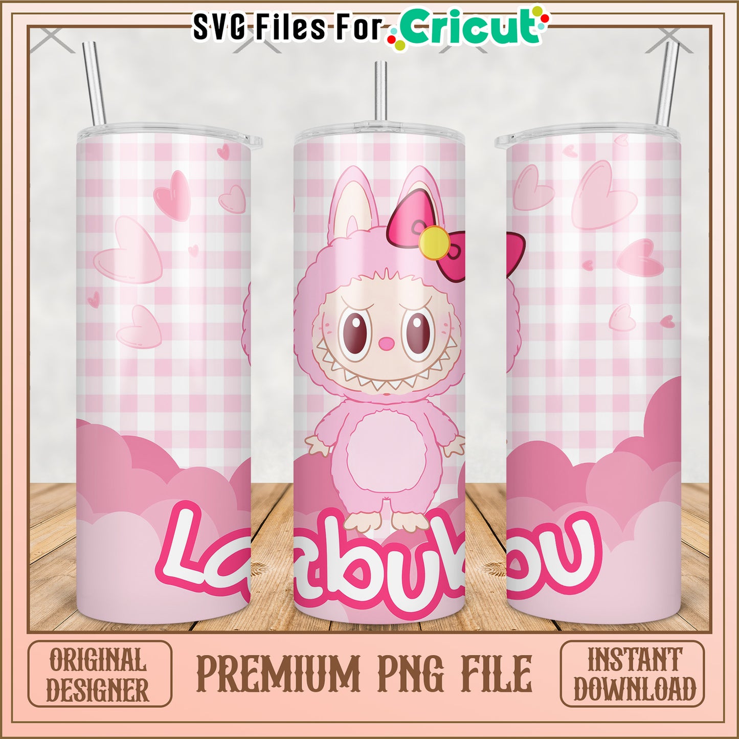 Pink labubu with bowtie tumbler png, labubu doll png, labubu toys png
