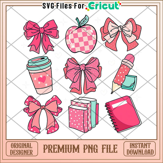 Pink study supplies design png, back to school supplies​ png, cartoon design png