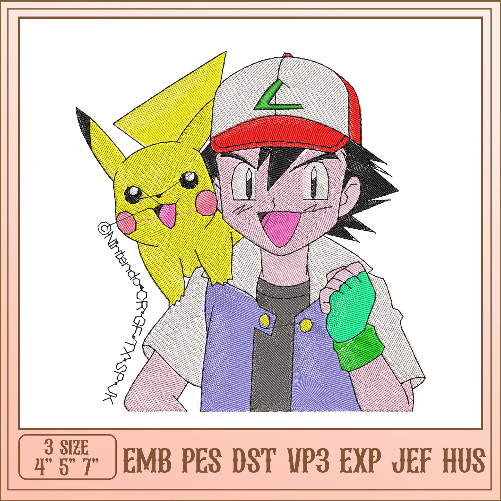 Pokemon Ash & Pikachu Embroidery Design