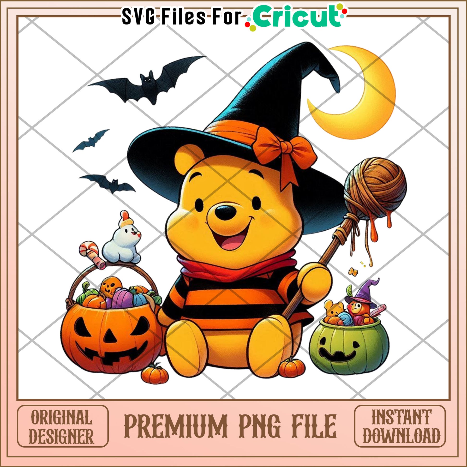 Pooh witch design png, halloween characters png, cute halloween design png