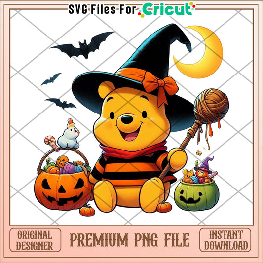 Pooh witch design png, halloween characters png, cute halloween design png