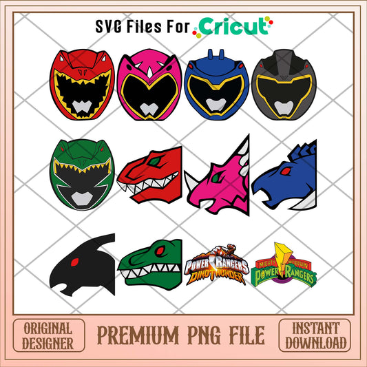 Power rangers characters head and flags png bundle